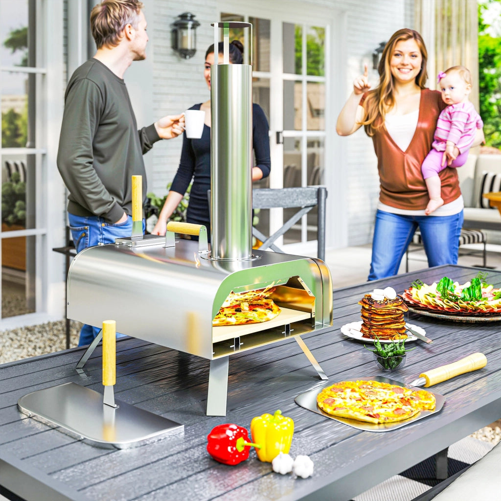 EasyComfort Forno per Pizza a Pellet di Legno con Pietra Refrattaria e Pala, in Acciaio Inox, 79x36x75 cm, Argento