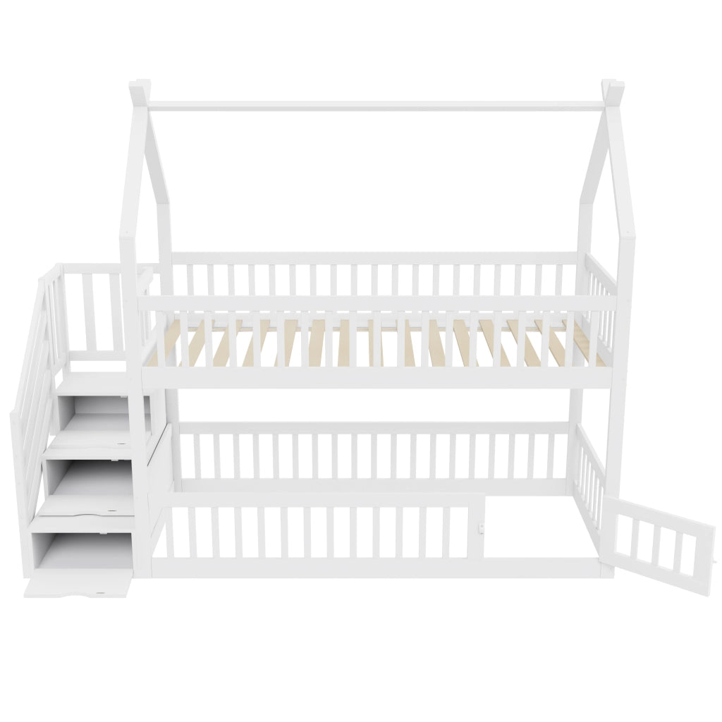 Letto a castello per bambini 90×200 cm con tetto; scala e cassetti contenitori; senza materasso; in legno massiccio bianco
