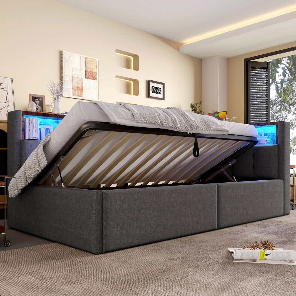 Tagesbett con funzione di stoccaggio idraulica in lino grigio 90x200 cm