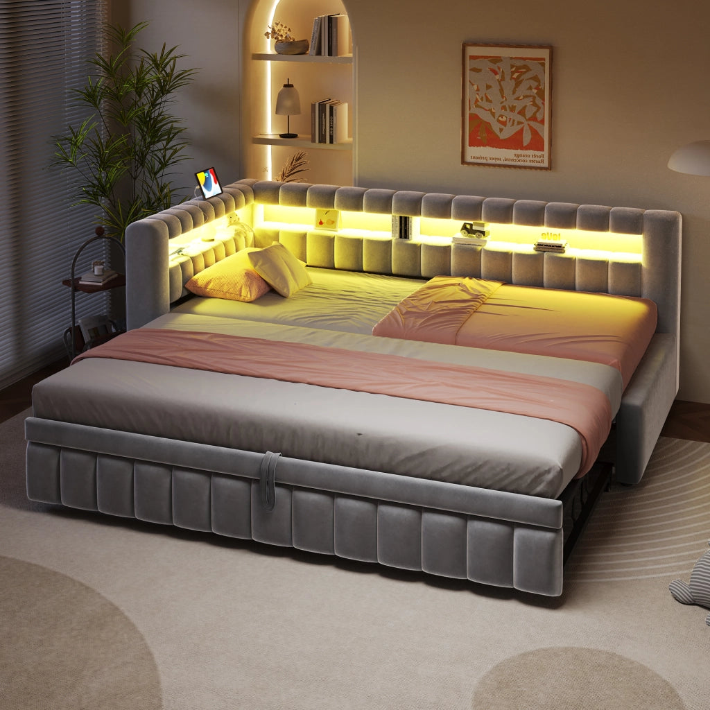 OKWISH Letto a Divano 90×200 cm, Letto Singolo con Letto Estraibile, LED Regolabile, USB, Tipo C e Mensole, senza Materasso, Grigio Chiaro