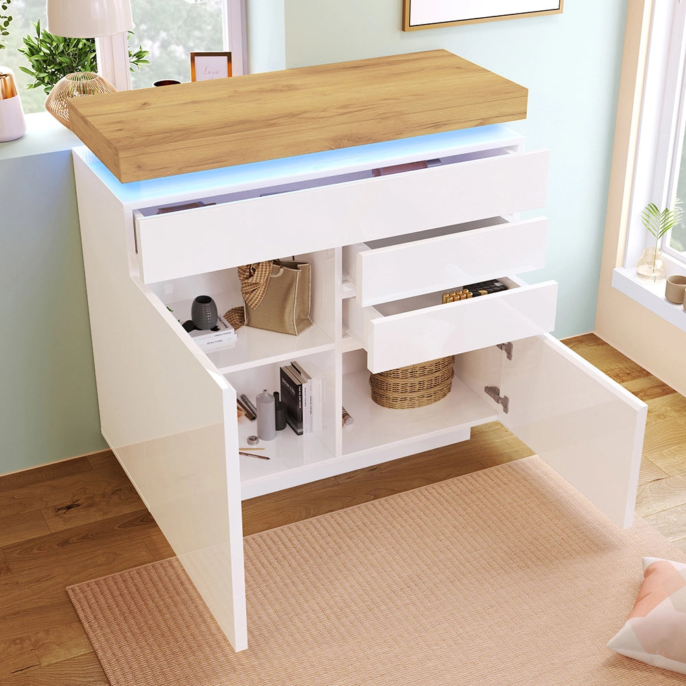Buffet a specchio con 2 ante e 3 cassetti - Xylo - 115x110x39 cm - Bianco - Illuminazione LED (controllo app)