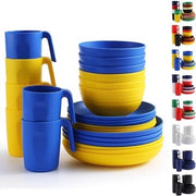 Set di servizio da 24 pezzi, set di servizio per 6 persone, set di piatti e bicchieri riciclabili, set di piatti per piatti, piatti per dessert, piatti per colazione, set di tazze, in blu e giallo