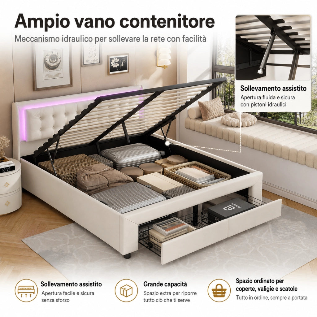 Letto matrimoniale contenitore idraulico 180x200 cm, imbottito velluto beige, testiera LED RGB telecomandata, 2 cassetti, 350kg