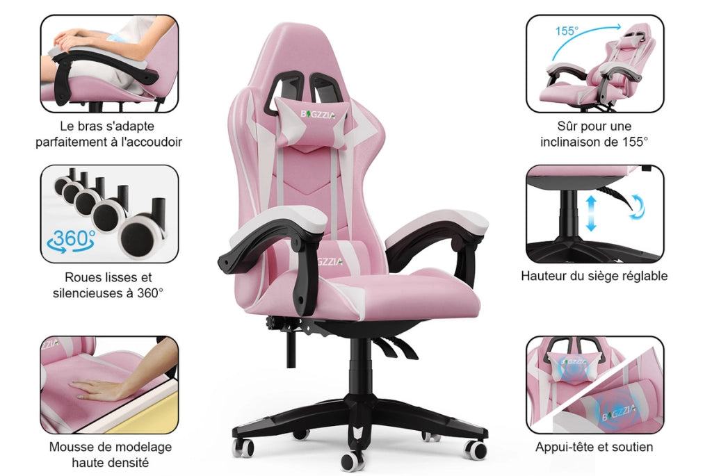 Sedia da gioco,  Sedia da gioco ergonomica, altezza regolabile, schienale reclinabile, con braccioli e poggiatesta, rosa e bianco