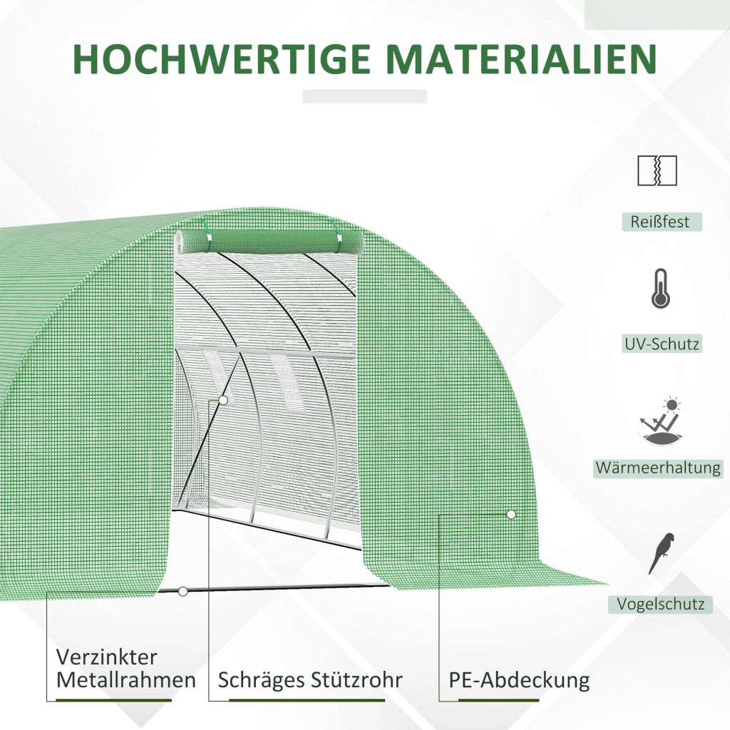 Serra a tunnel in polietilene, 6 x 3 m, con 8 finestre, protezione antigelo, struttura in tubi d'acciaio, colore verde scuro.