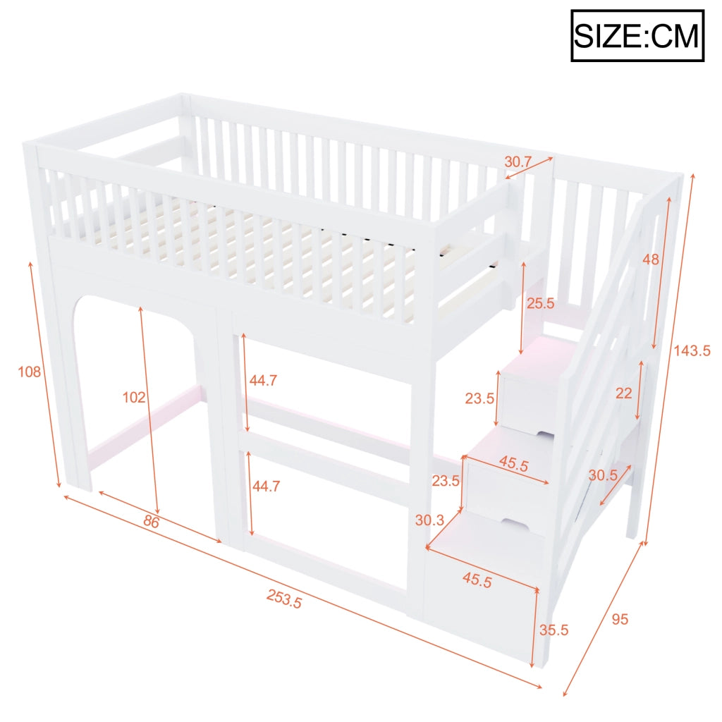 LETTO a soppalco per bambini 90x200 cm in legno bianco con scale contenitore e LED