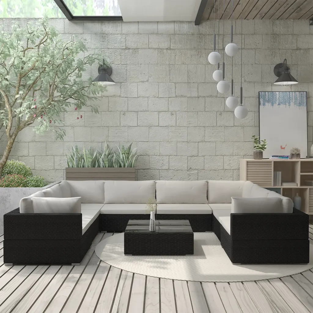 Set Divani da Giardino 9 pz con Cuscini in Polyrattan Nero 46786