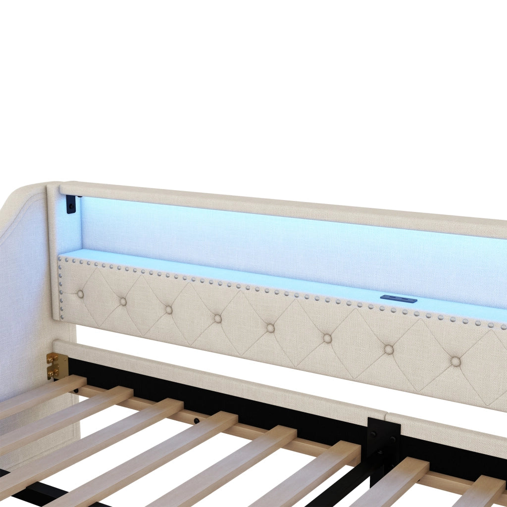 Letto singolo 90×200 cm con LED; USB e 2 cassetti; rete inclusa; senza materasso; lino; beige