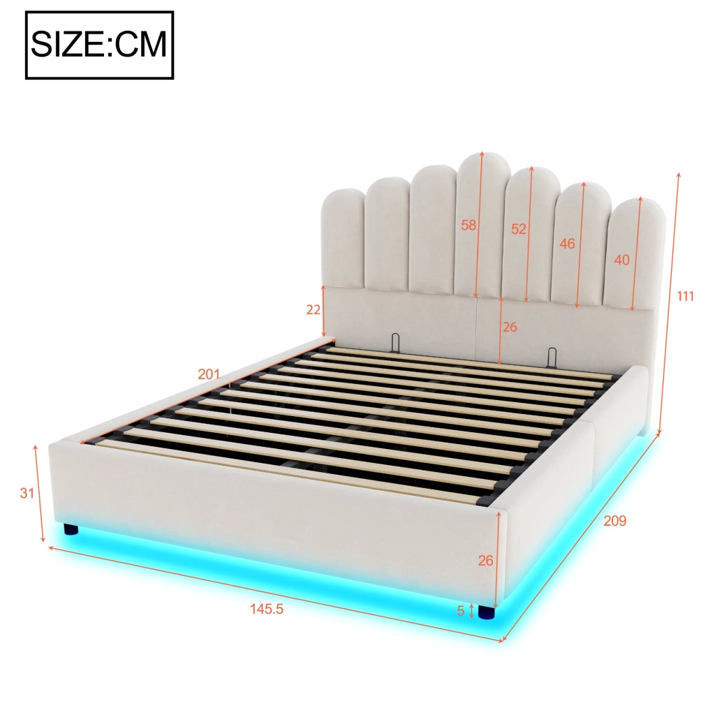 DESMIU Letto contenitore 140 × 200 cm 2 posti con LED e vano idraulico, senza materasso, in velluto, beige
