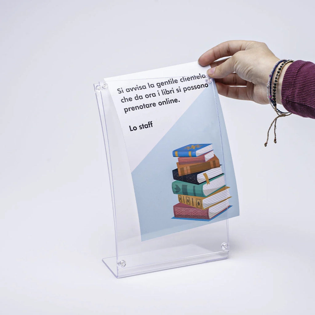 Porta avvisi da banco magnetico in Plexi profilo curvo Monofacciale - A5 Verticale