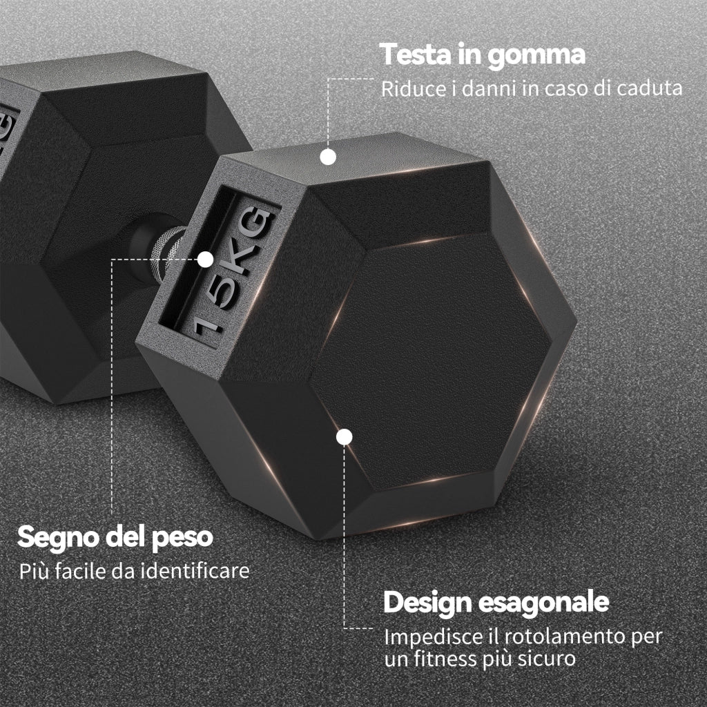 Manubrio 15 kg Esagonale con Impugnatura Antiscivolo. in Acciaio e Gomma. ?15.5 x 33.6 cm. Nero
