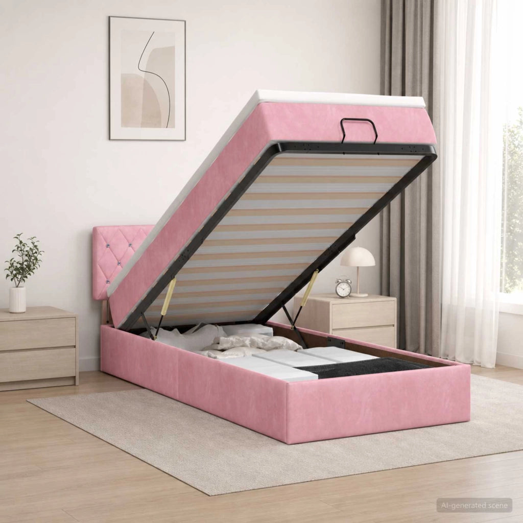 Letto Ottomano con Materasso e LED Rosa 90 x 200 cm Velluto 3458210