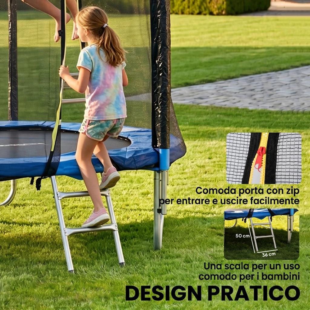 Trampolino Elastico con Scaletta e Rete di Sicurezza. in Acciaio e Plastica. ?180x200 cm. Blu