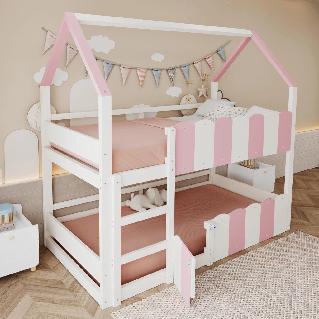 DESMIU Letto a castello per bambini 90 × 200 cm con porta, sponde di sicurezza, senza materasso, in legno, rosa