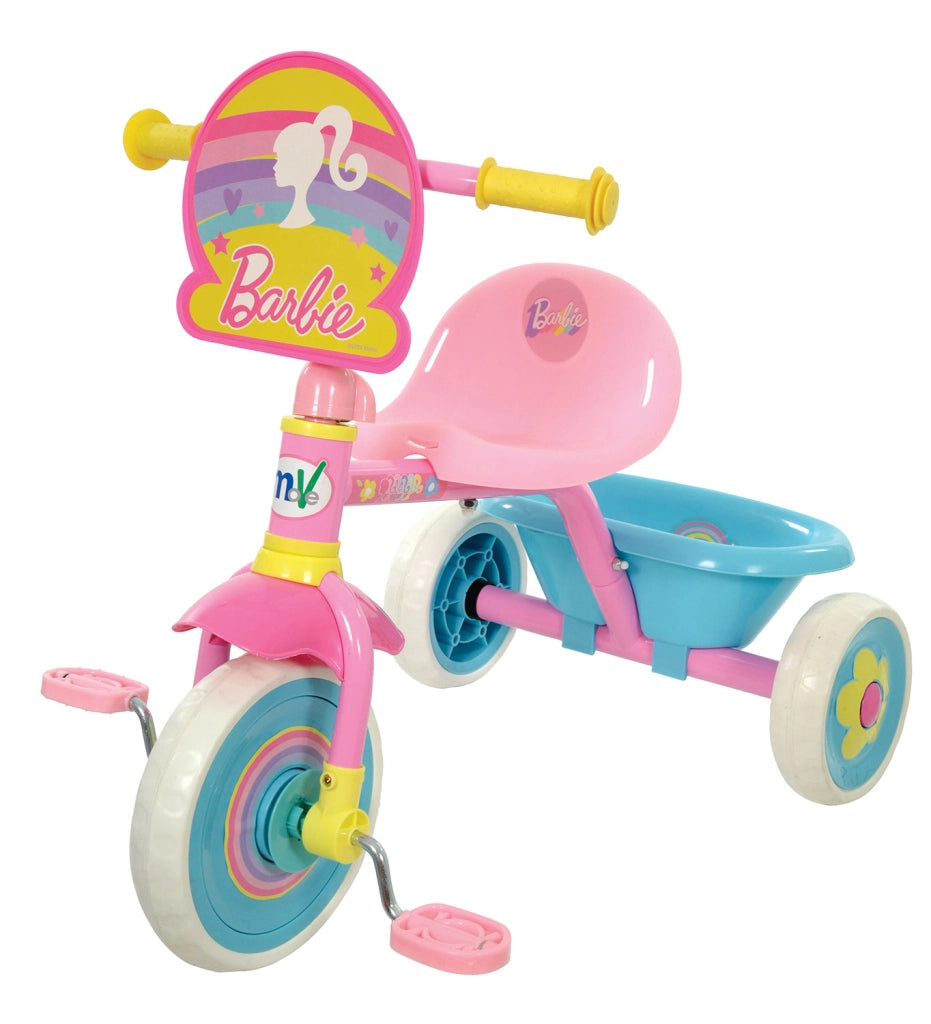 Triciclo a Pedali Primi Passi per Bambini con Maniglione Genitoriale Rimovibile e Vano Contenitore Barbie Rosa