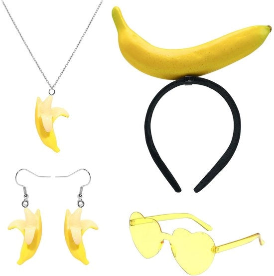 Costume a 4 pezzi da banana - Cappello da banana - Occhiali da sole gialli - Collana da banana - Orecchini da banana - Ideale per feste tematiche - Costume da frutta