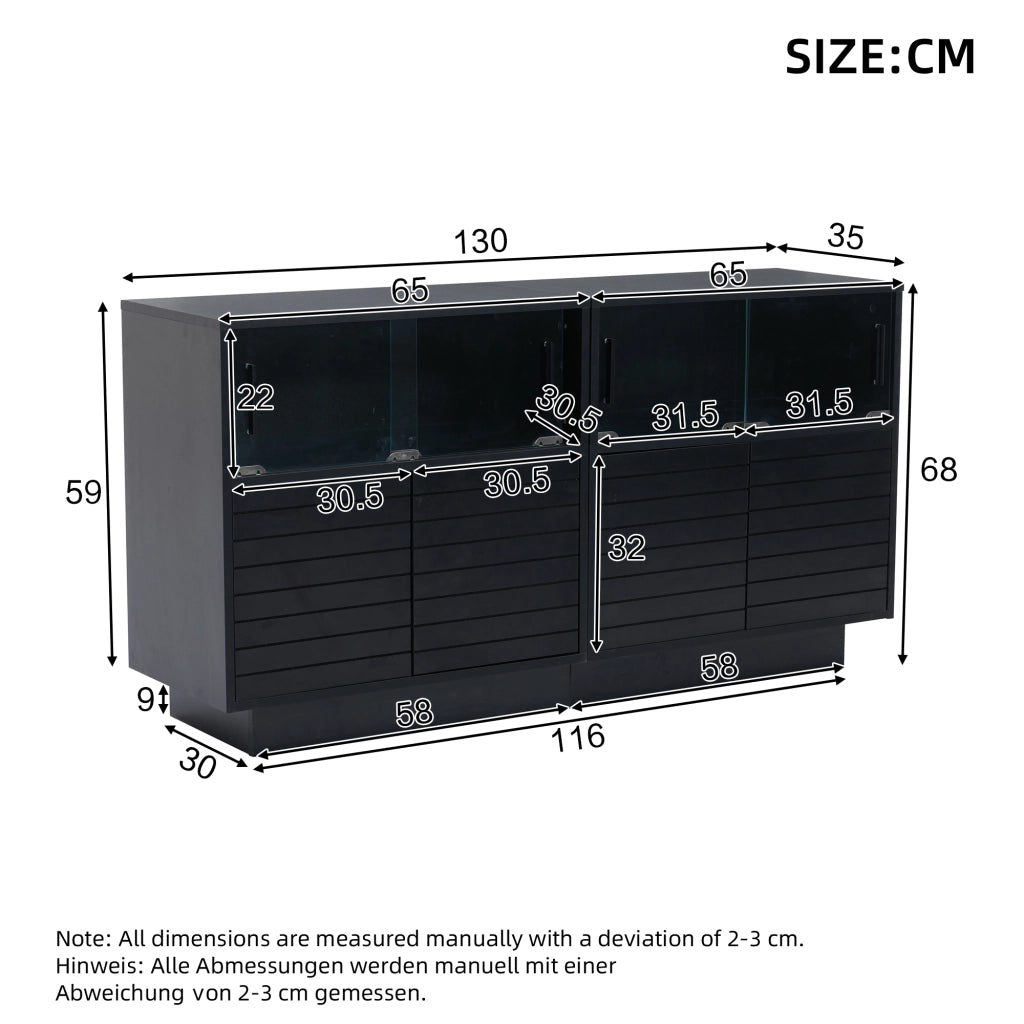 Credenza moderna con LED - Zephmum- 130x35x68cm- 2 ante, 4 ripiani, porte in vetro