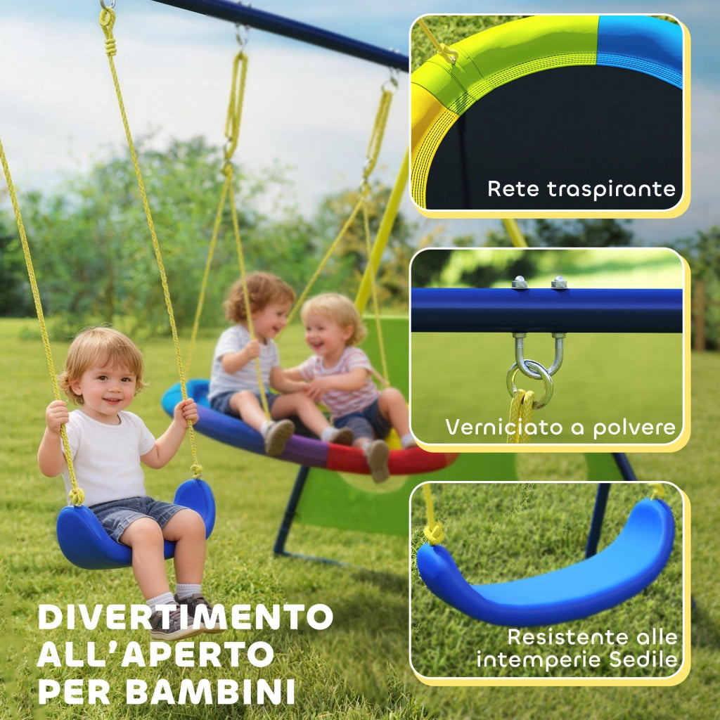 Set Altalena da Giardino 4 in 1 per Bambini 3-8 Anni con 2 Altalene Canestro e Porta da Calcio Multicolore