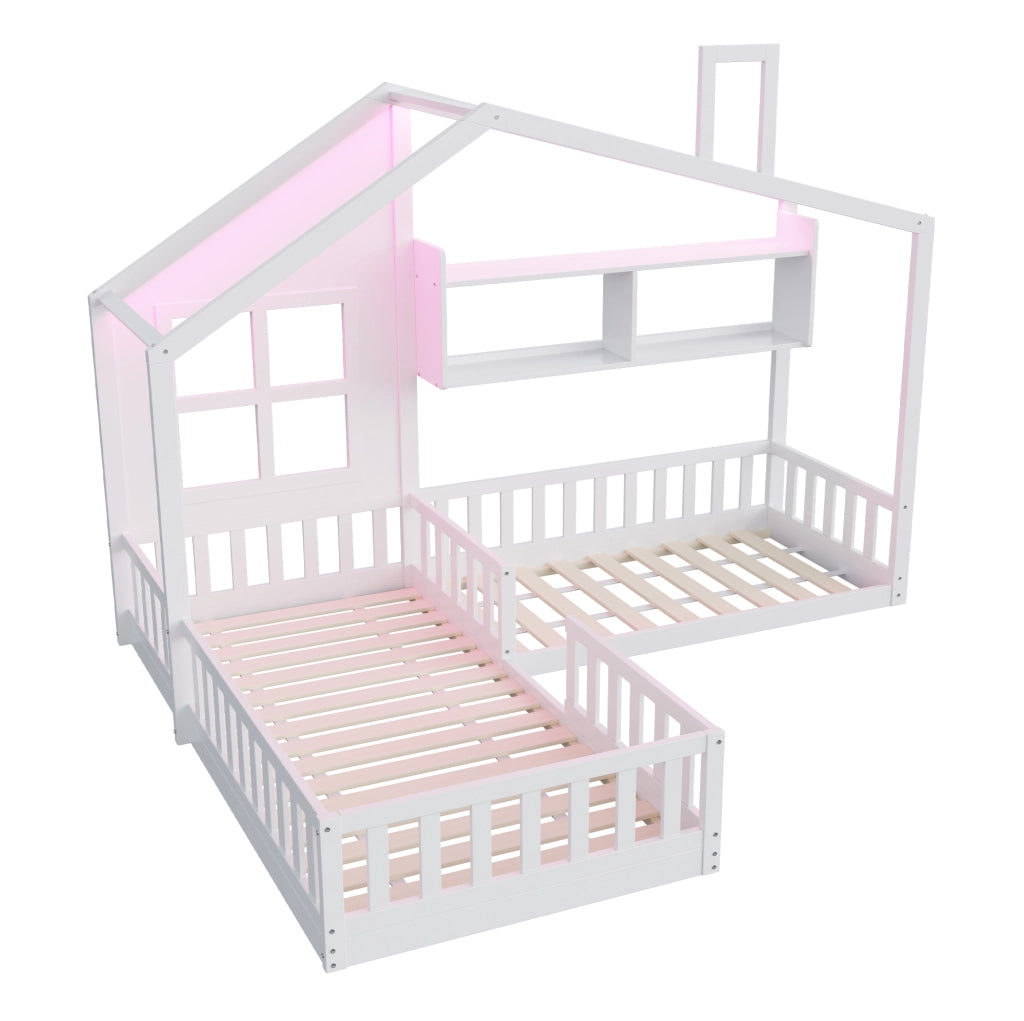 Letto a casetta 90x200 cm con LED, mensole e sponde di sicurezza