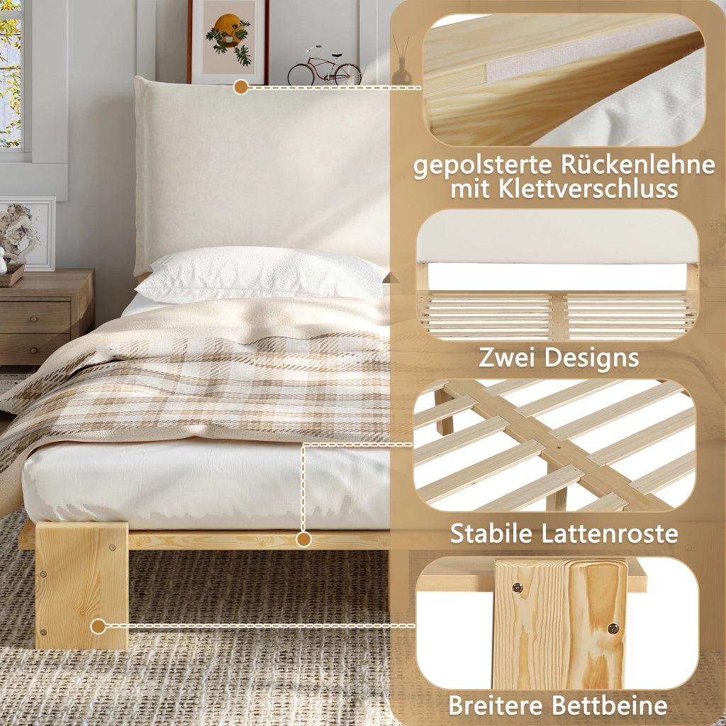 DESMIU Letto matrimoniale 2 posti con testiera imbottita, doghe stabili e gambe larghe, 140 × 200 cm, senza materasso