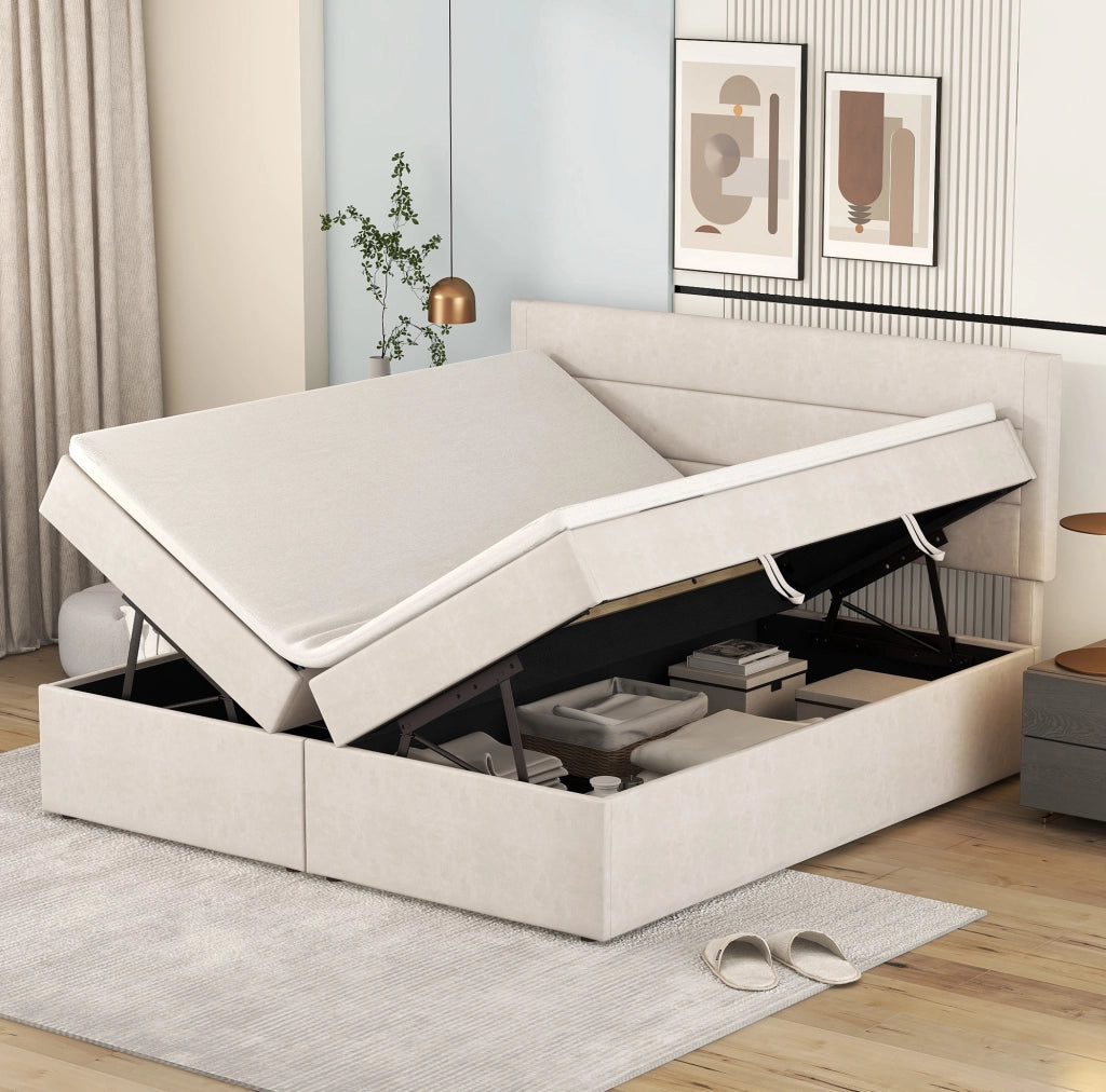 Letto matrimoniale imbottito 140x200 con ampio vano contenitore e rete sollevabile