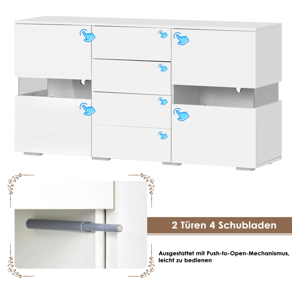 SIDEBOARD LED 140x35x72 cm Bianco in MDF con 2 ante e 4 cassetti