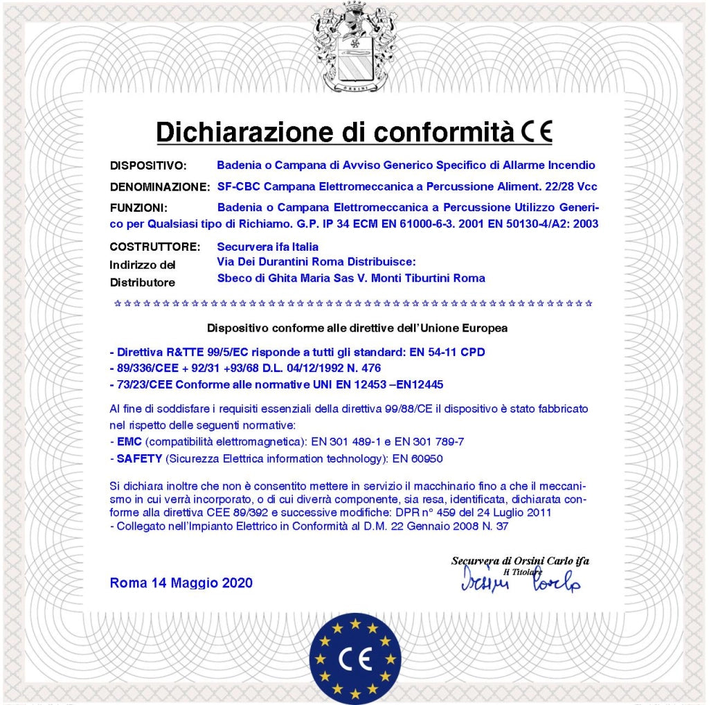 BADENIA CAMPANA ELETTROMECCANICA ROSSA PER SEGNALAZIONE ALLARME INCENDIO ALIMENTAZIONE 24 VCC RIPETE QUALSIASI AVVISO