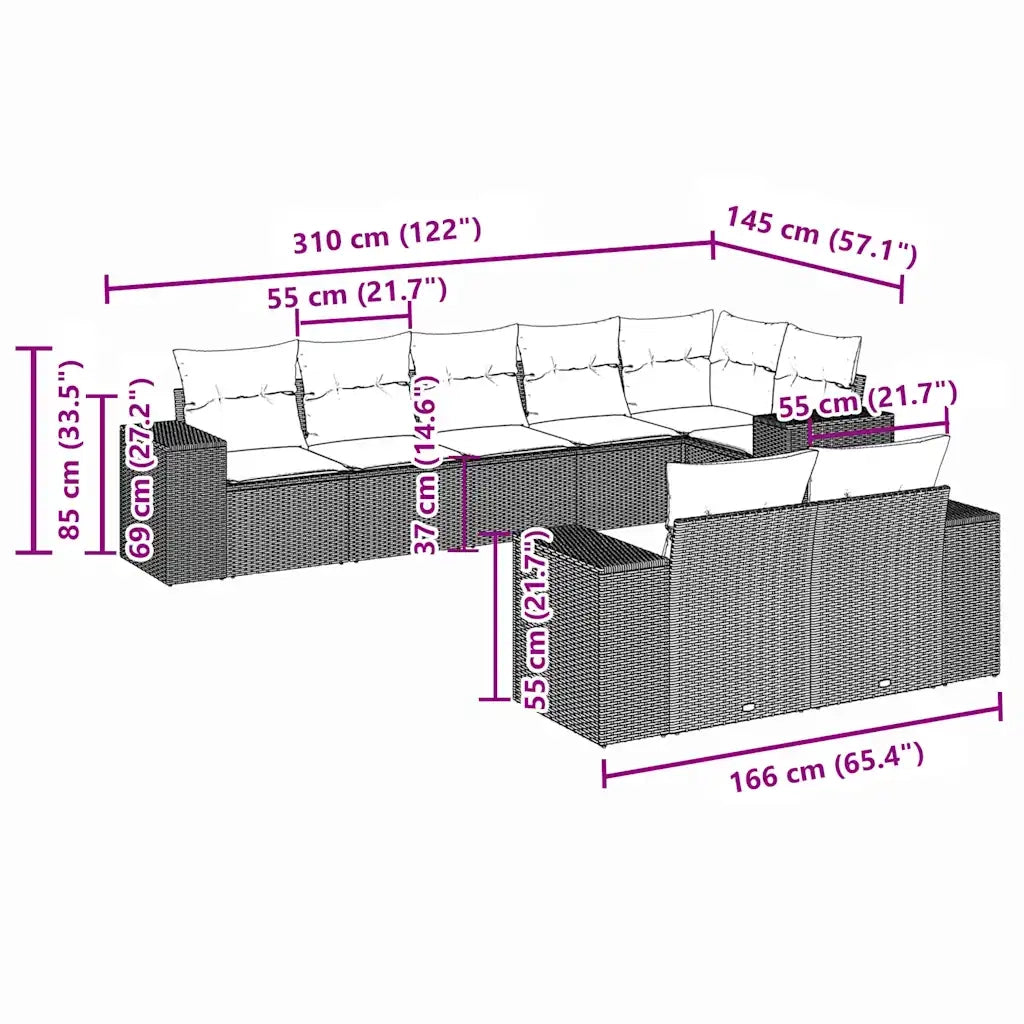 Set Divano da Giardino 8pz con Cuscini Grigio Chiaro Polyrattan