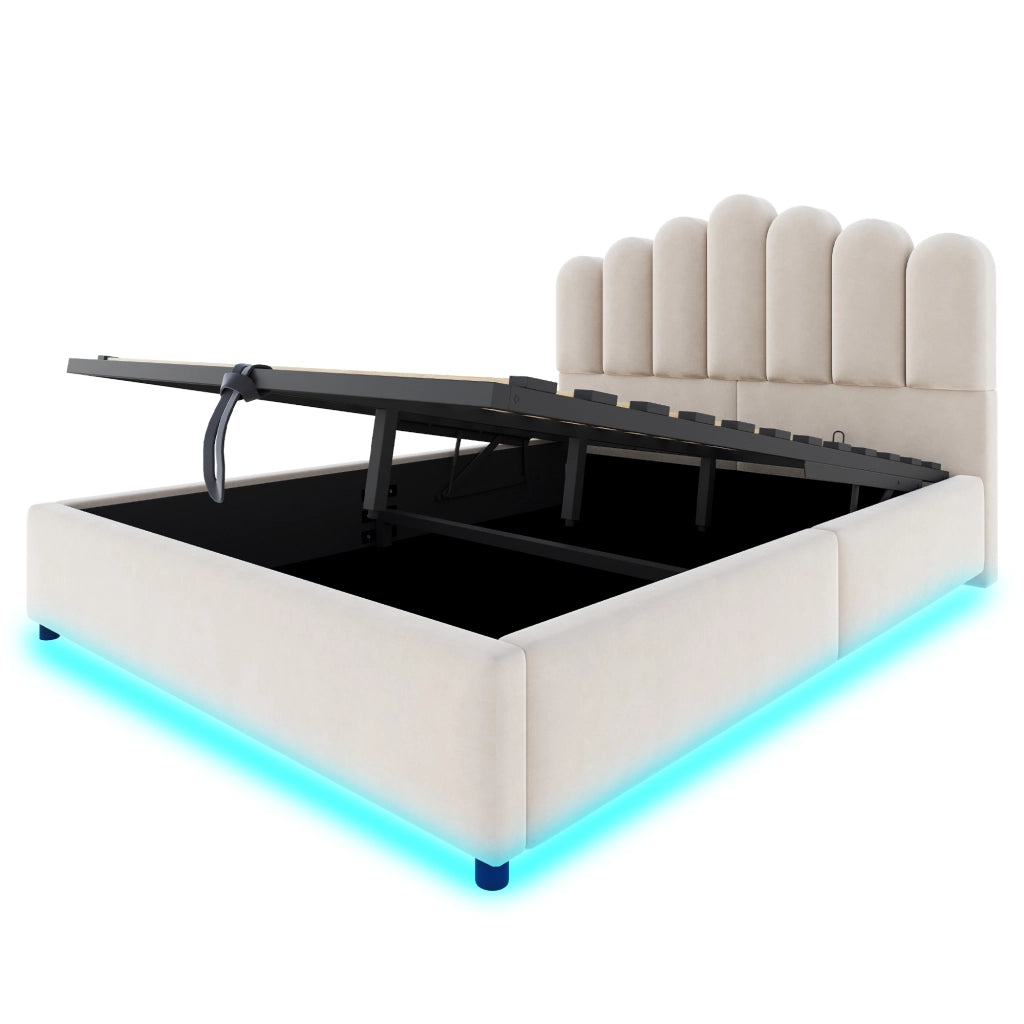 DESMIU Letto contenitore 140 × 200 cm 2 posti con LED e vano idraulico, senza materasso, in velluto, beige