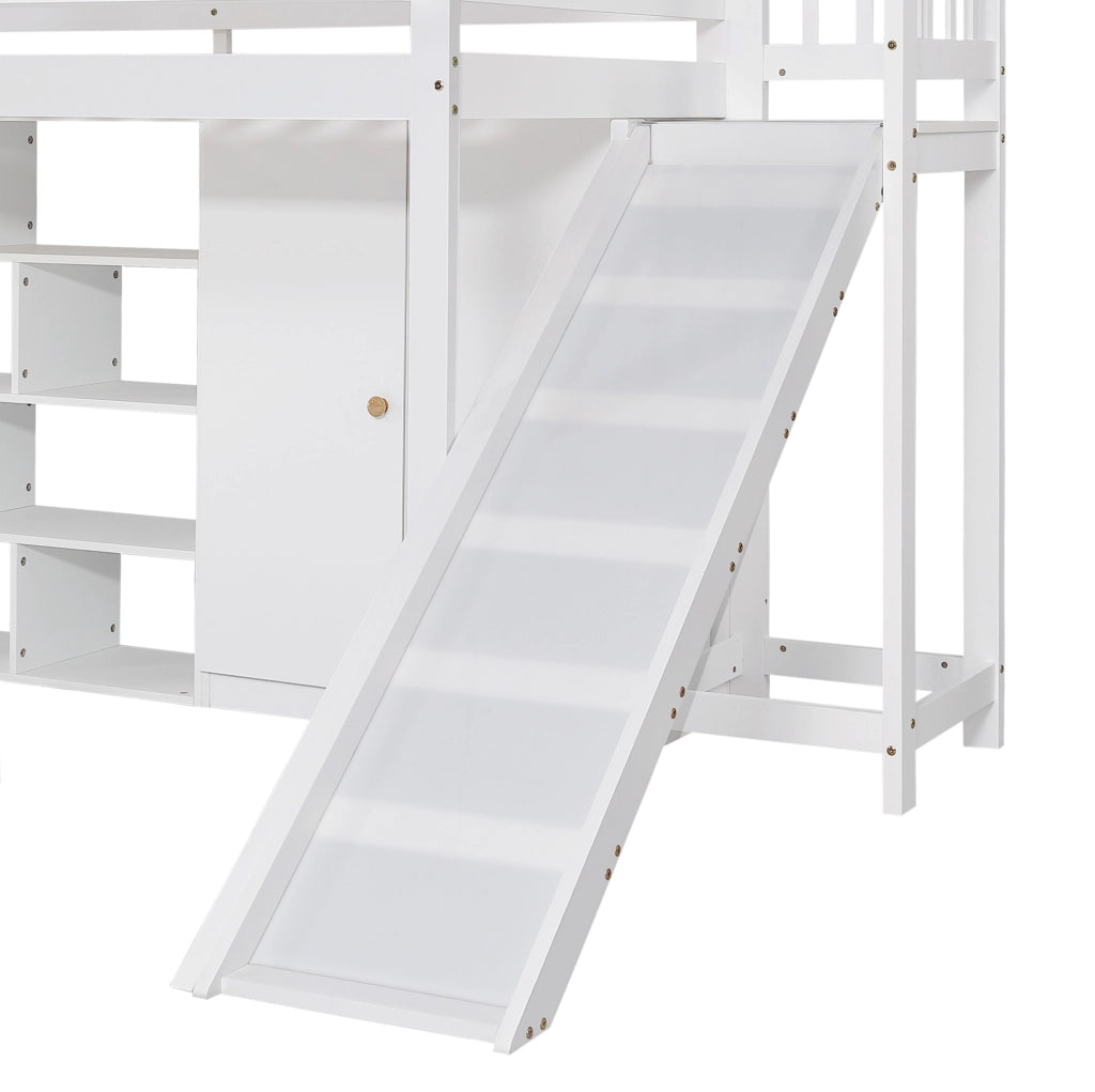 Letto a castello per bambini con scivolo, armadio e scaffali 90x200 cm