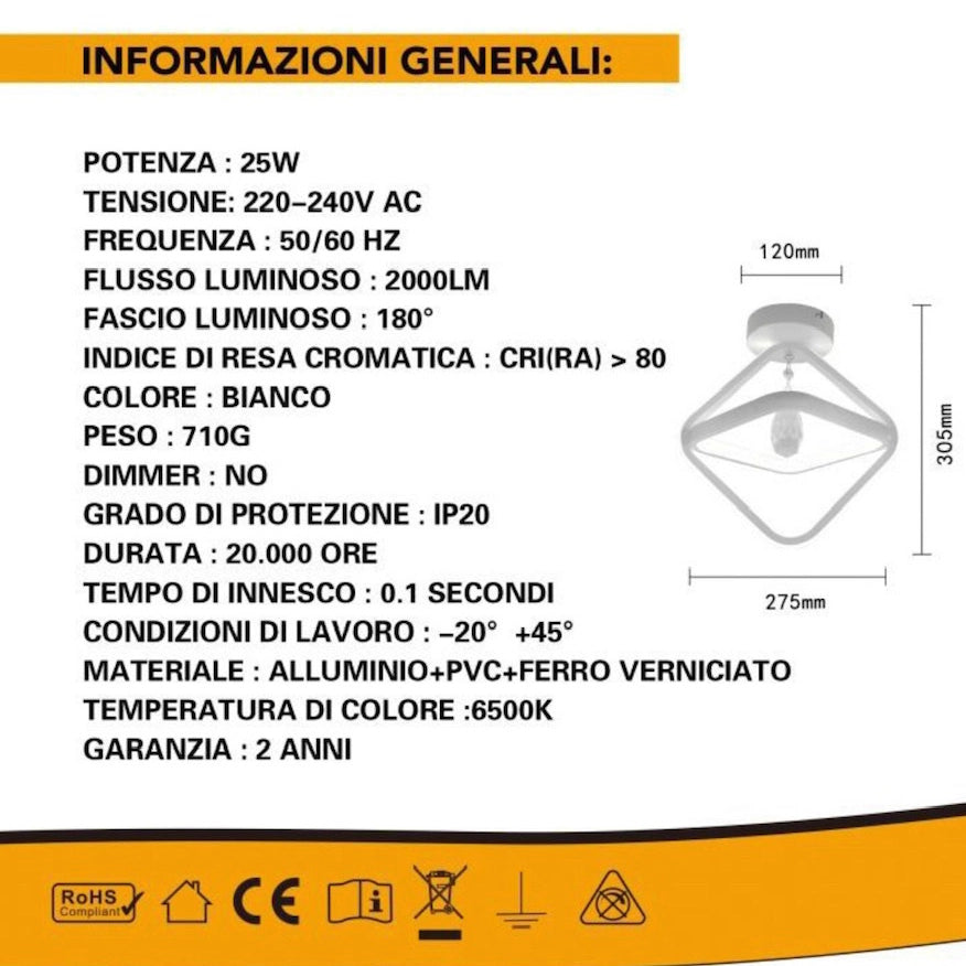 PLAFONIERA MODERNA DA SOFFITTO CON CRISTALLO DESIGN DIAMANTE - ILLUMINAZIONE IN STILE CONTEMPORANEO E RAFFINATO FACILE DA MONTARE