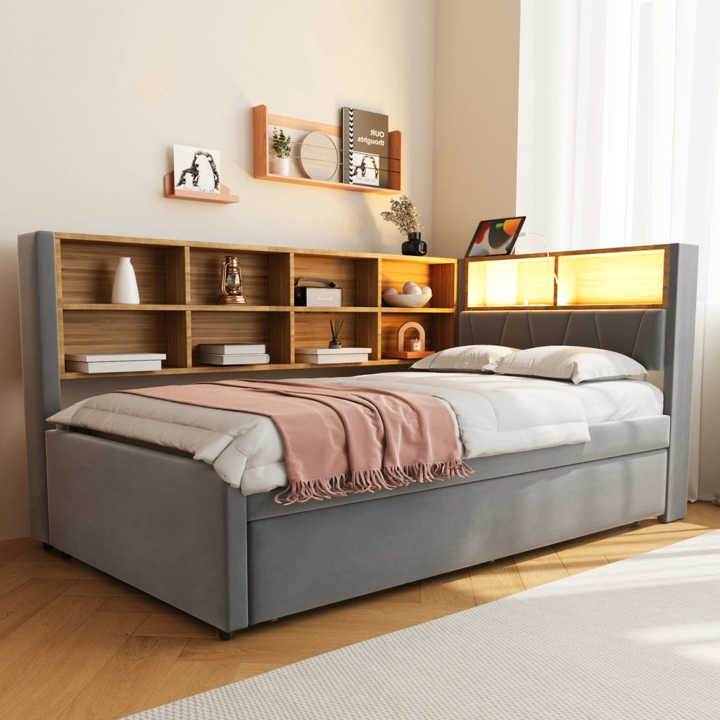 Divano letto multifunzione con letto estraibile 90x200 cm; LED; USB; Type-C; grigio scuro