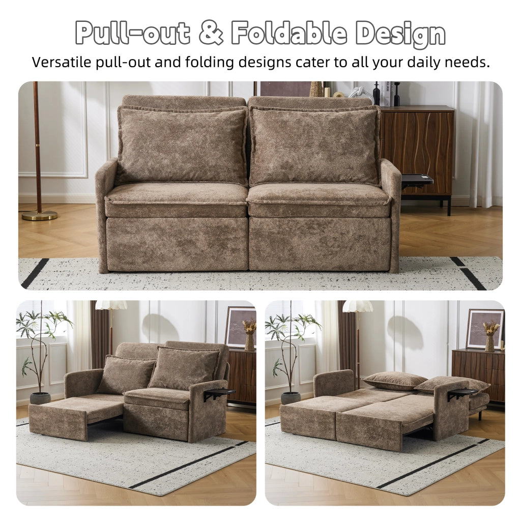 Divano letto con cuscini e USB, 3 in 1, schienale regolabile, contenitore, chenille, marrone ¨C Minimal