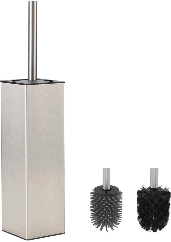 Kit di spazzola per il water e supporto, spazzola per il water in metallo inclusa con 2 teste di spazzola, spazzola per il water siliconica quadrata indipendente per la stanza da bagno
