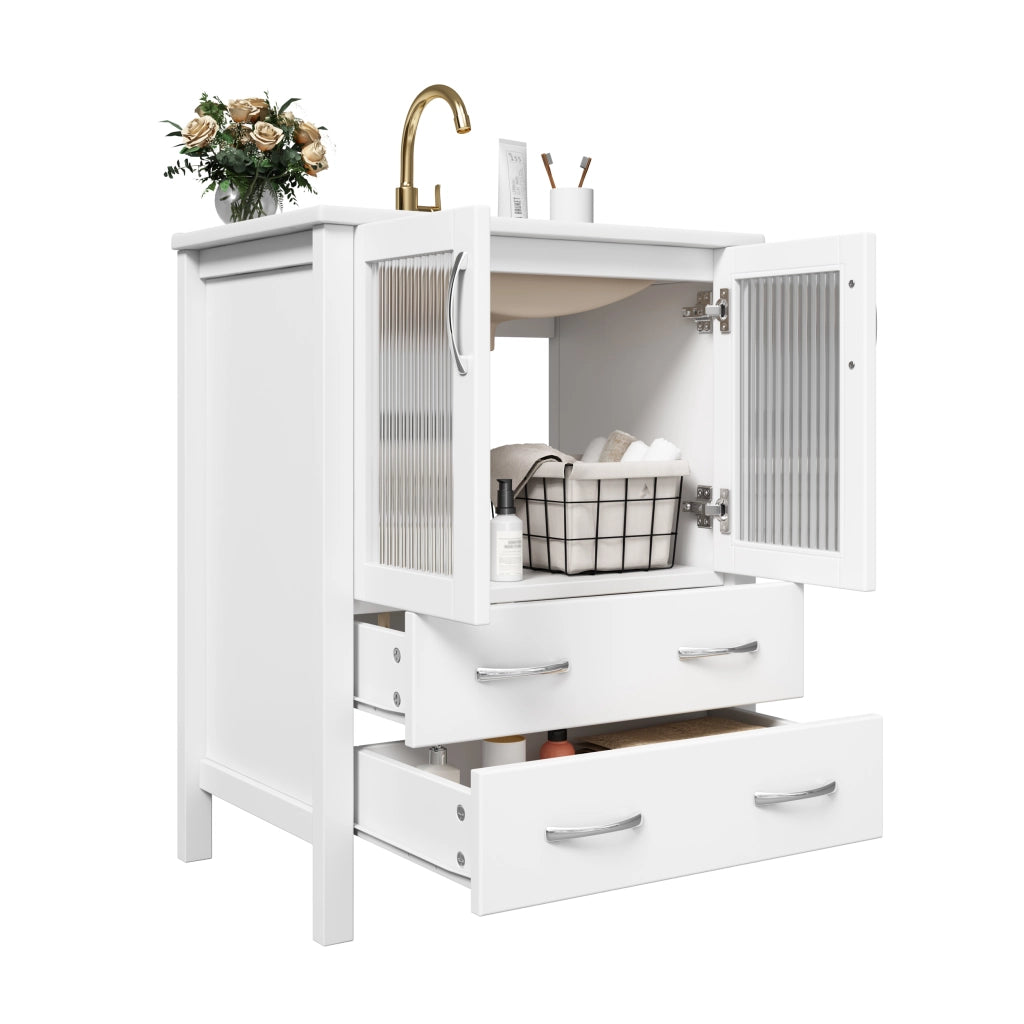 Mobile bagno con 2 cassetti; anta in vetro rigato e lavabo in ceramica con troppopieno per bagno; bianco; 61×47×86 cm