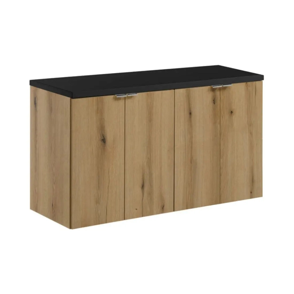 Set bagno sospeso VANO in rovere e nero 100cm: mobile sottolavabo con armadietti + piano per lavabo