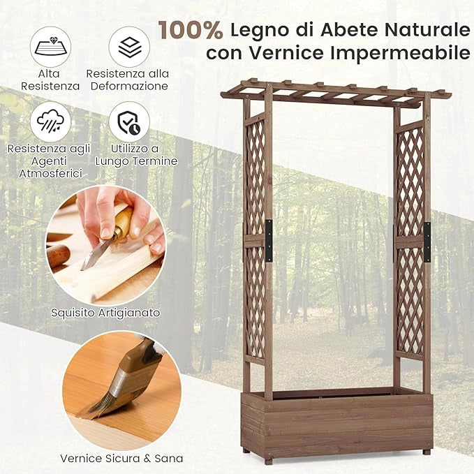 Aiuola Rialzata con Traliccio, Pergolato e Fori di Drenaggio, Fioriera Elevata da Esterno in Legno per Piante Rampicanti, Vite e Fiore,110 x 44 x 182 cm (Marrone)