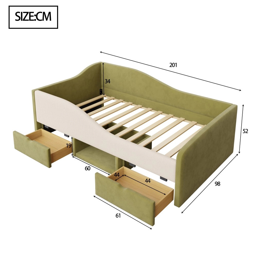 Letto Imbottito con Cassetti ¨C MINIMAL ¨C Velluto Verde Scuro e Bianco 90x190