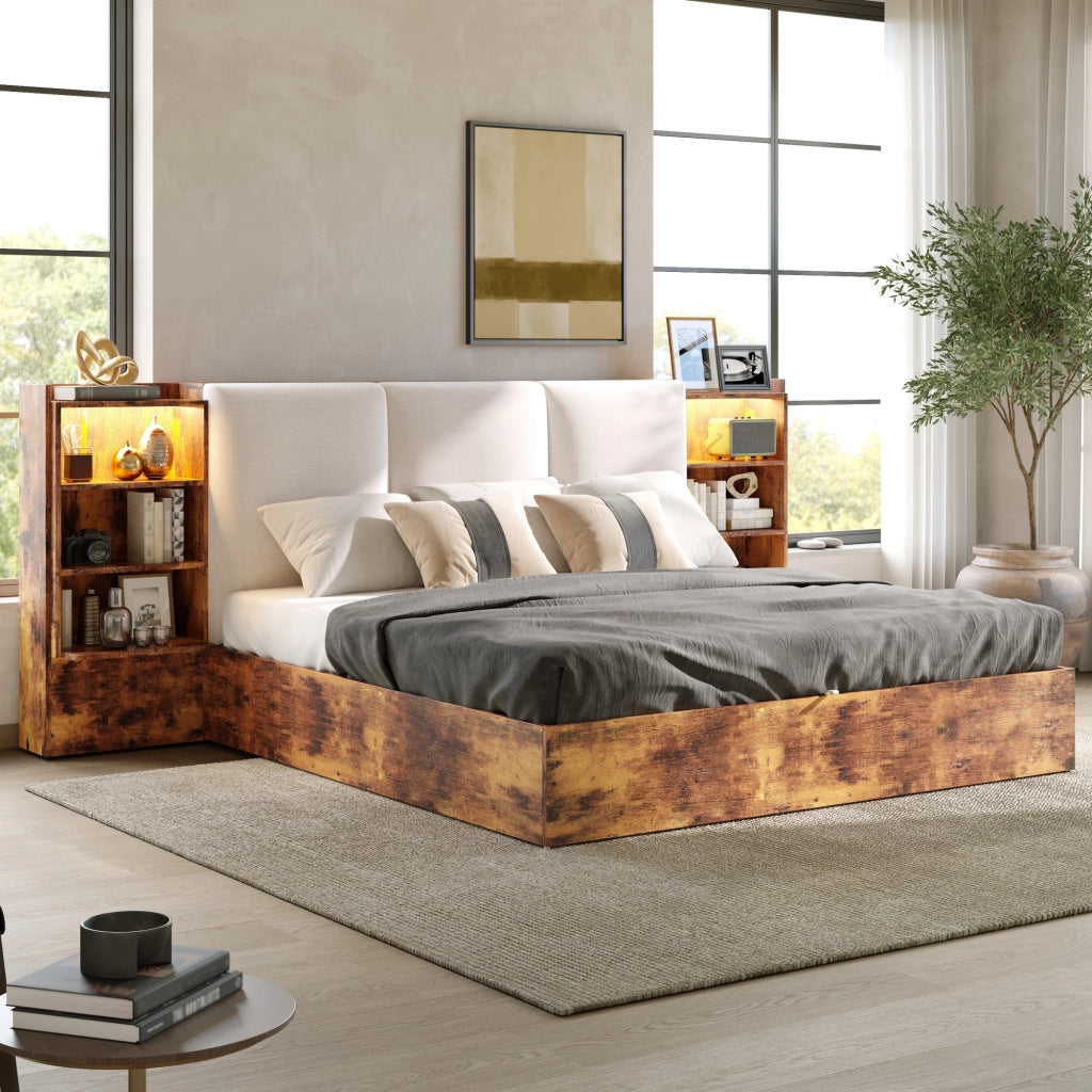 DESMIU Lit coffre 180 × 200 cm 2 posti con LED, 6 vani, testiera imbottita, senza materasso, marrone