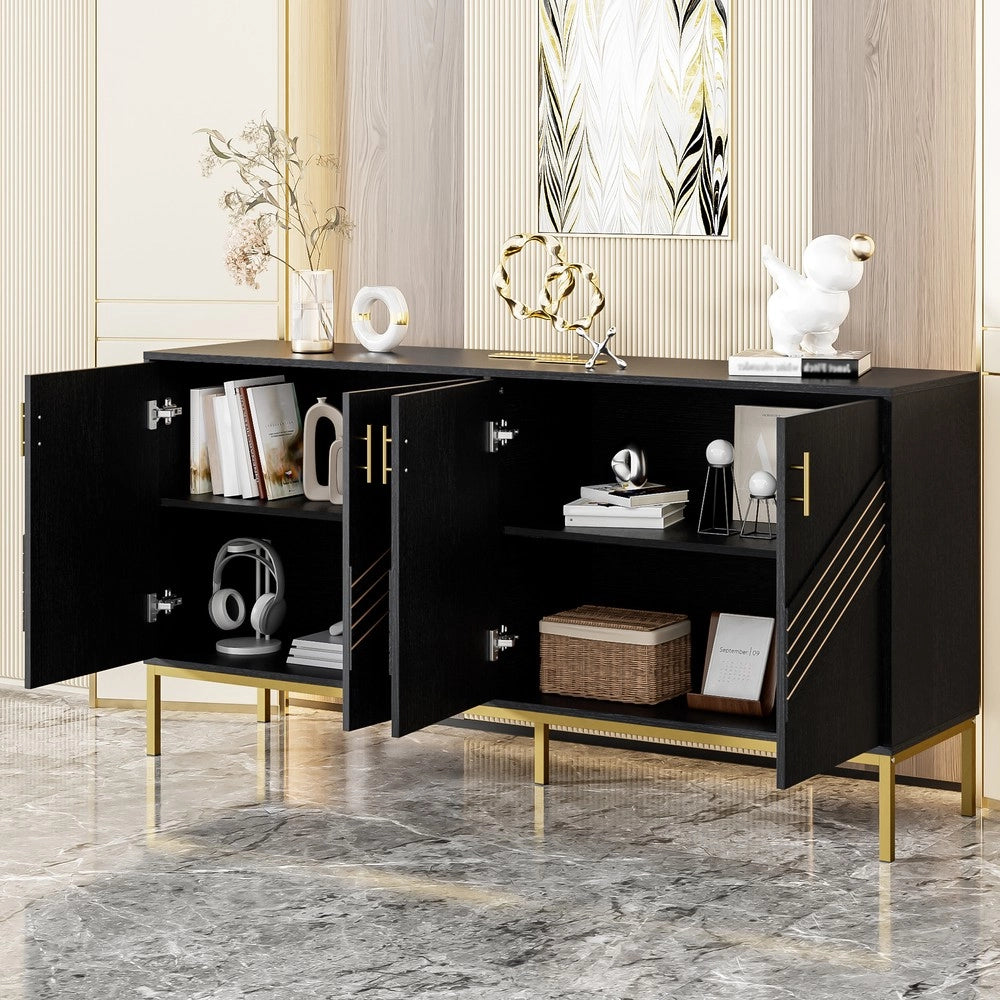 Credenza Moderna con 4 Ante ¨C MINIMAL ¨C Nero/Oro, MDF, Ripiani Regolabili