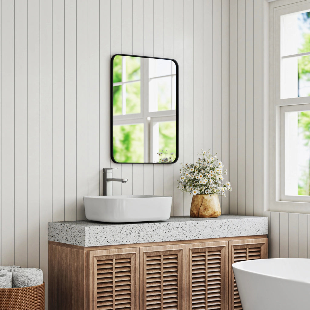 Specchio da Bagno 60x2.5x80 cm con Cornice in Metallo e Gancio Nero