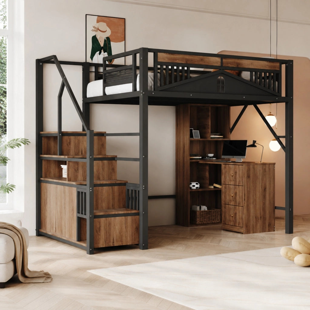 LETTO a soppalco 140x200 cm metallo e legno nero con scala laterale