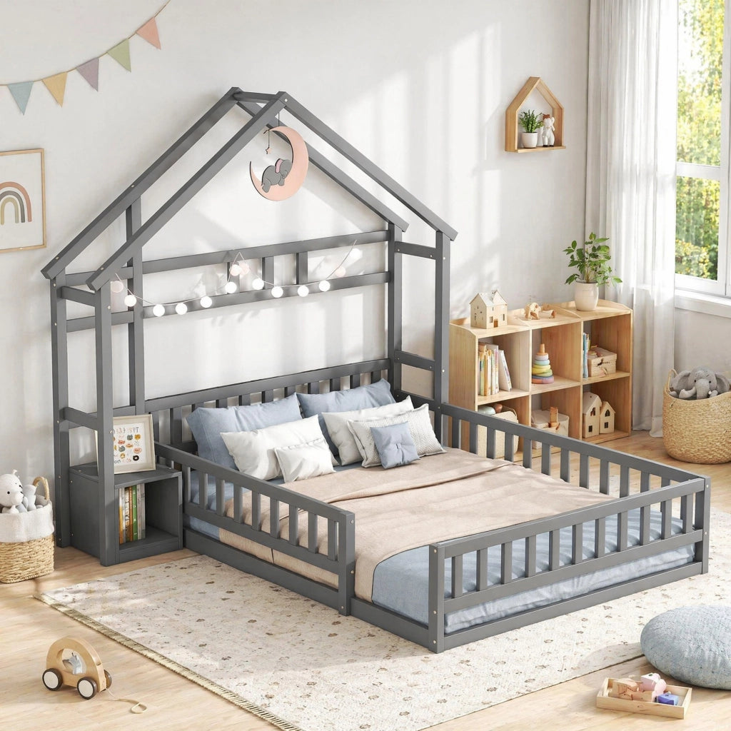 LETTO a casetta 140 x 200 cm con spondale, grigio, con comodino laterale