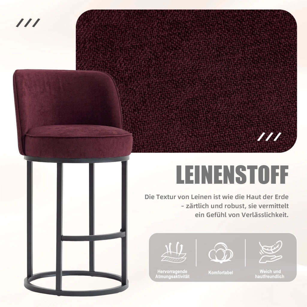 Sgabello da Bar con Schienale Ergonomico e Poggiapiedi, Struttura in Metallo, in Lino Rosso Vino