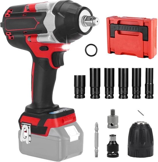 Slagmoersleutel batterico 1000 Nm - 18 V compatibile con Makita - 1/2 pollici slittello senza filo con 6 chiavi a vite - per il cambio delle gomme (senza batterie).