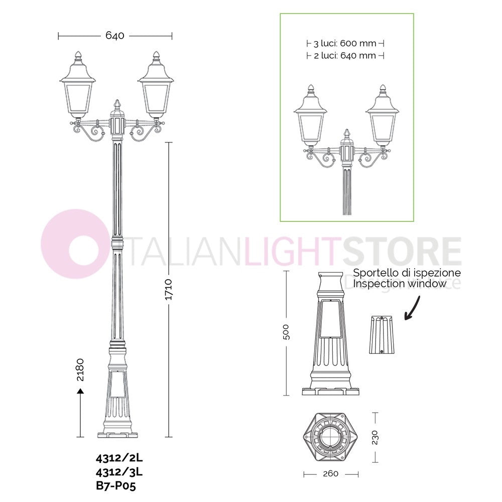 ARYEL Lampione h.218 a 3 luci per Esterno Lanterne Classiche Quadrate
