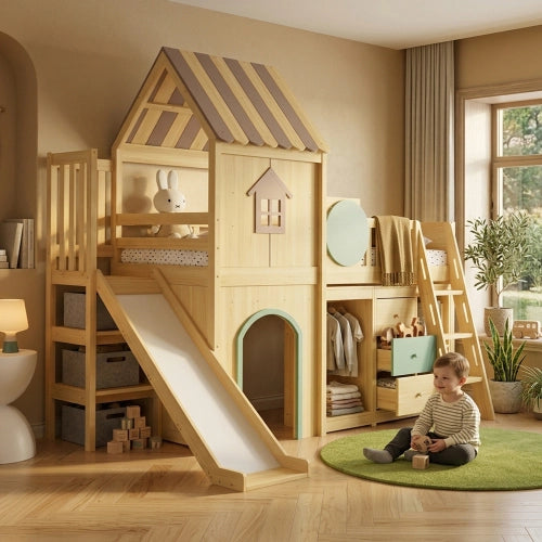 Letto a soppalco con scivolo 90x200 cm LEMONMAX per bambini, a forma di casetta, armadio, cassettiera, scala a 3 gradini, pino e MDF, verde e naturale
