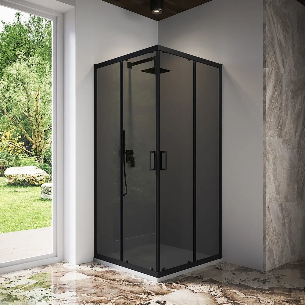 Box doccia 75x75 cm angolare scorrevole profili nero opaco vetro 6mm fumè h185 | Tonga