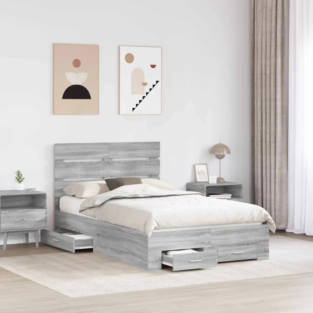 Struttura del letto con cassetto-Giroletto con contenitore-Rete del Letto Grigio Sonoma 135 x 190 cm