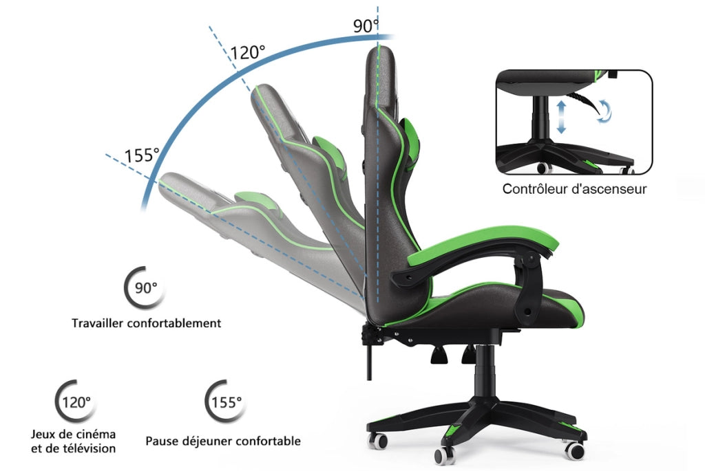 Sedia da gioco,  Sedia da gioco ergonomica, altezza regolabile, schienale reclinabile, braccioli e poggiatesta, nero-verde